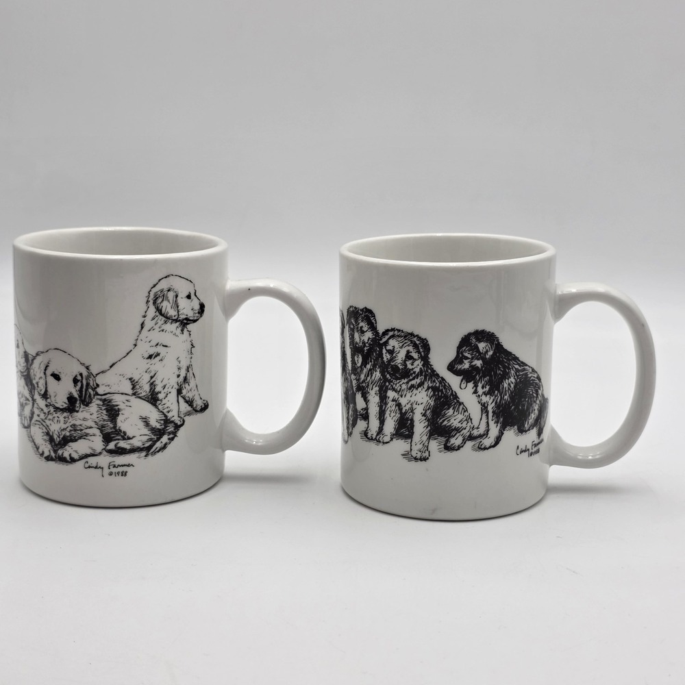 Vintage Cindy Farmer 1988 Puppy Dog Coffee Cup Mug Black & White Lot of 2